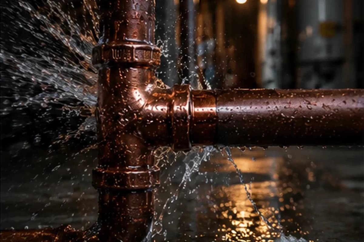 A copper pipe bursting and spraying water in a dark basement