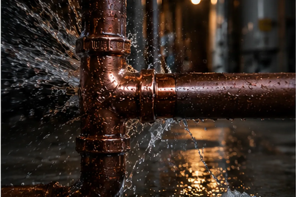 A copper pipe bursting and spraying water in a dark basement