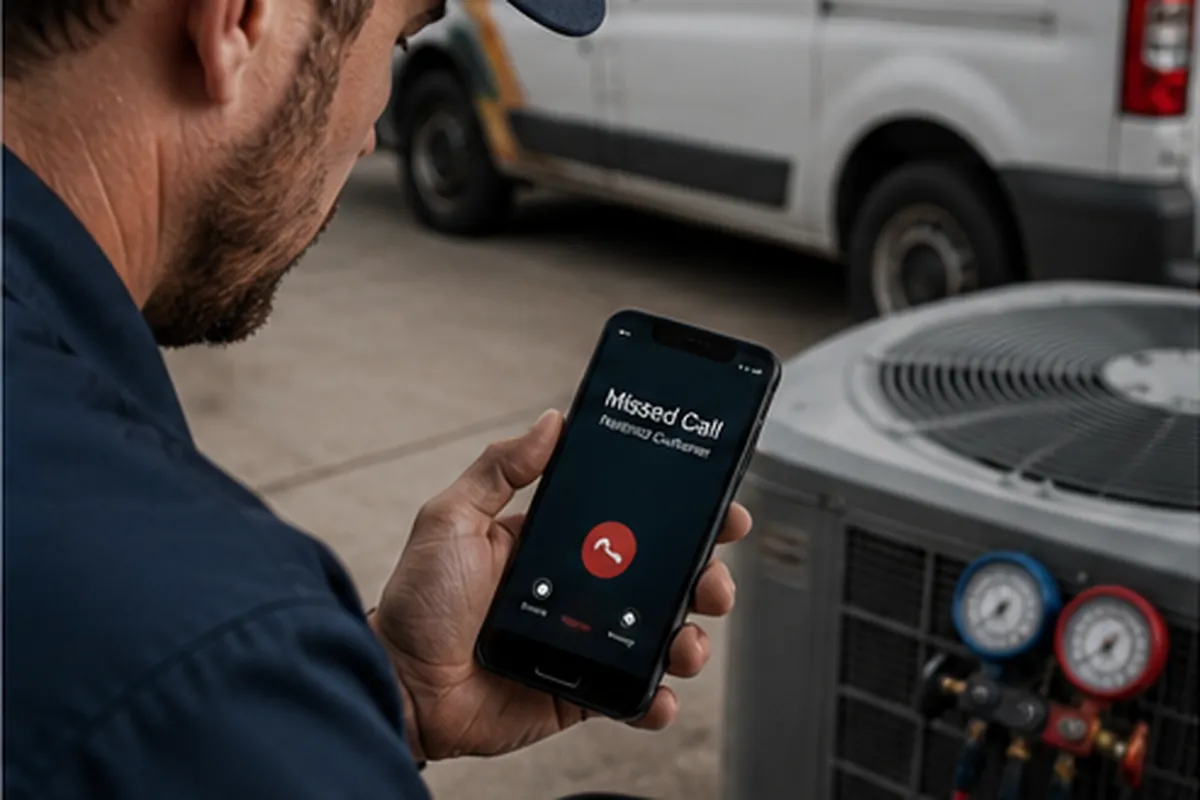 An HVAC technician looking at a missed call on his phone beside a service van and refrigerant gauges