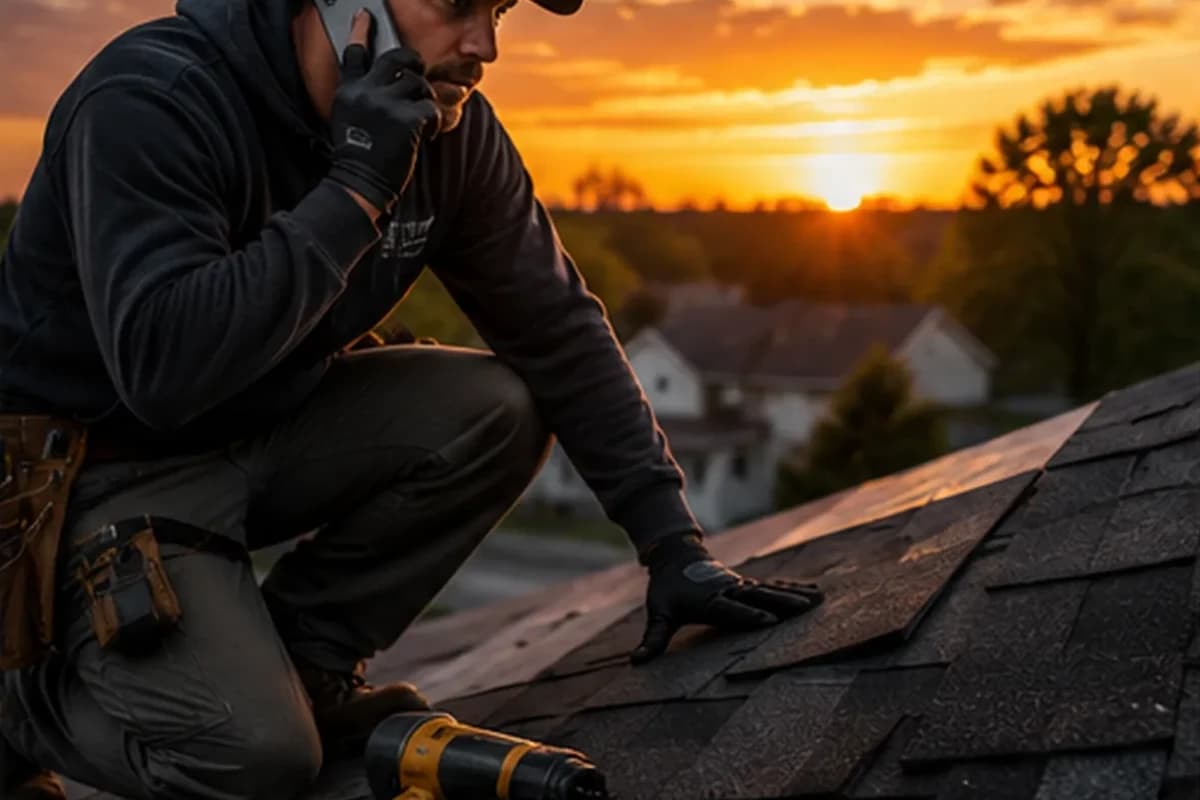 A roofing contractor on a roof at sunset taking a call