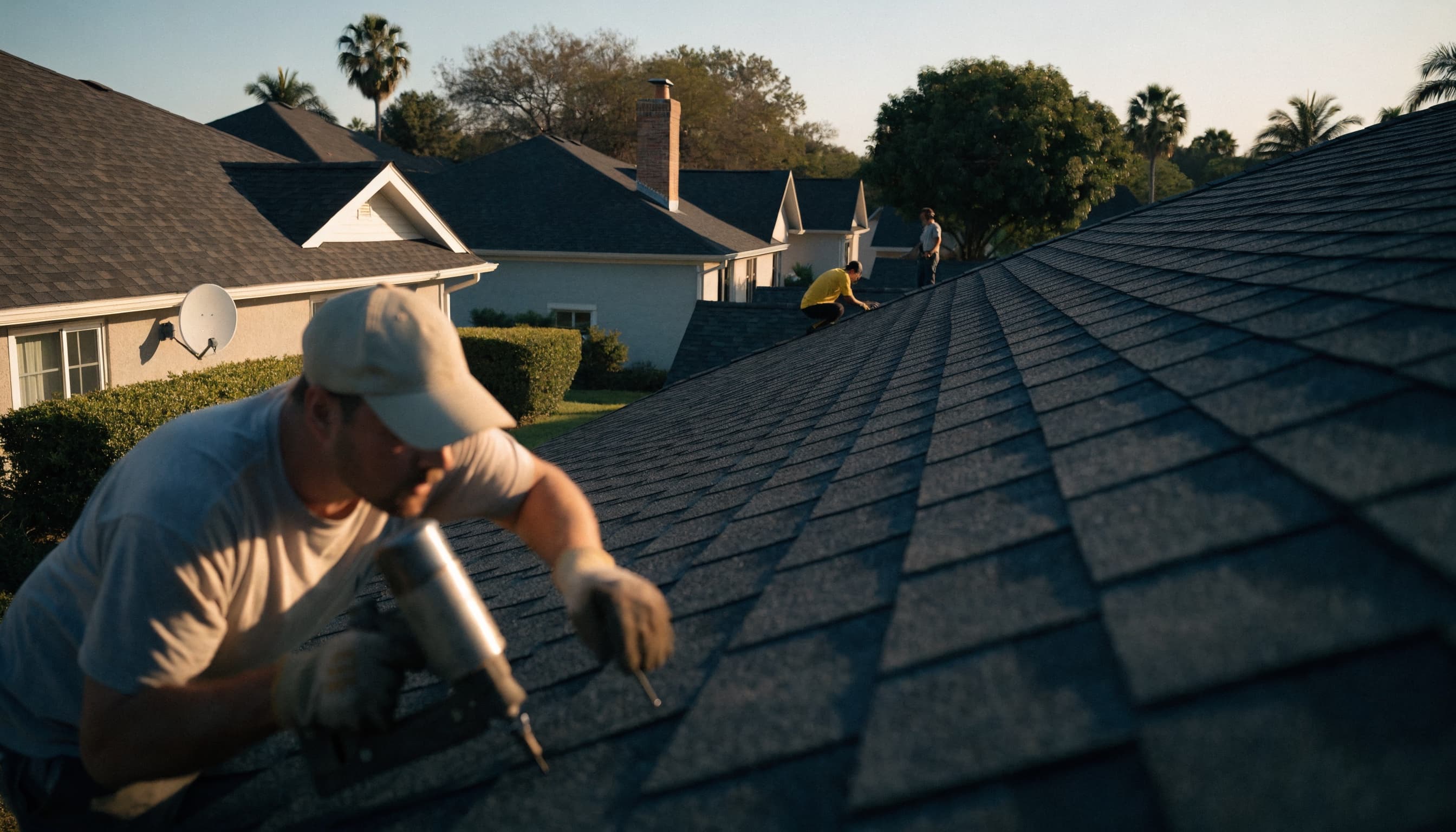 Florida residential roofing crew laying composite shingles at golden hour — the phase-by-phase shop running this exact job from forecast to final inspection