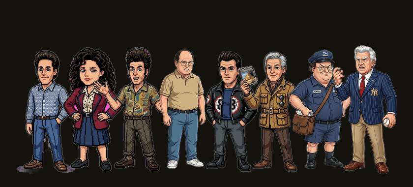 Pixel-art Seinfeld apartment — the visual front door to GrowthMindset's multi-agent system