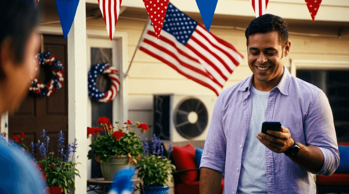 A festive Fourth of July backyard barbecue with an American flag and a home air-conditioning unit