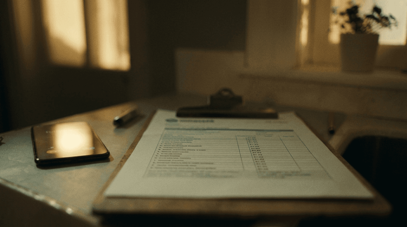 A contractor's printed price estimate on a clipboard beside a phone ringing on a kitchen counter