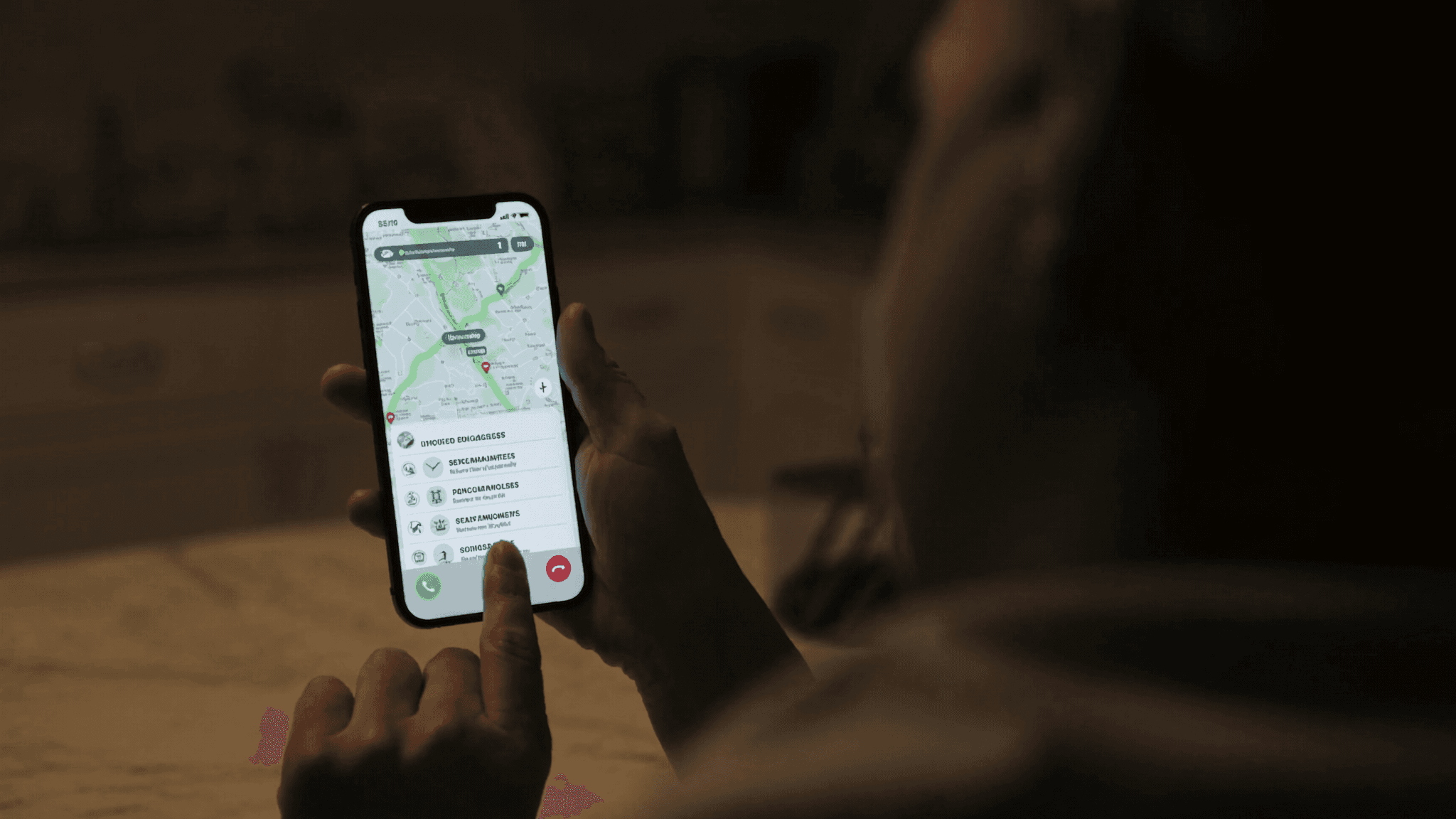 A homeowner at a kitchen table at dusk holding a phone showing a map of nearby service businesses, deciding who to call first